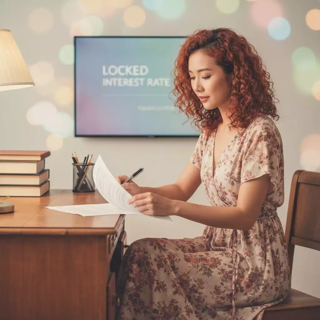 Person reviewing mortgage documents with pen, showing a locked interest rate on a screen.