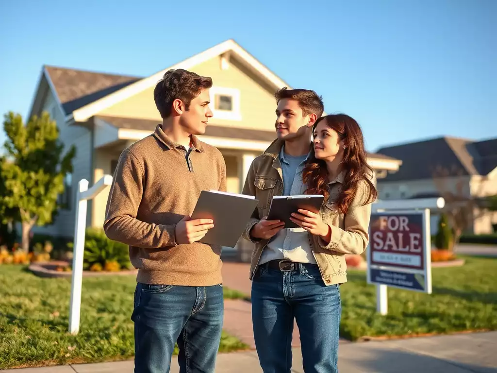 Real estate agent discussing property details with a couple in front of a house for sale.
