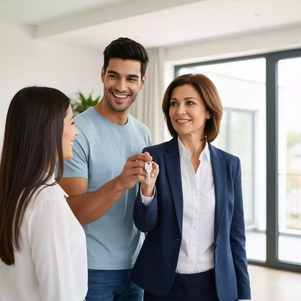 Happy couple receiving keys to their new home from a real estate agent