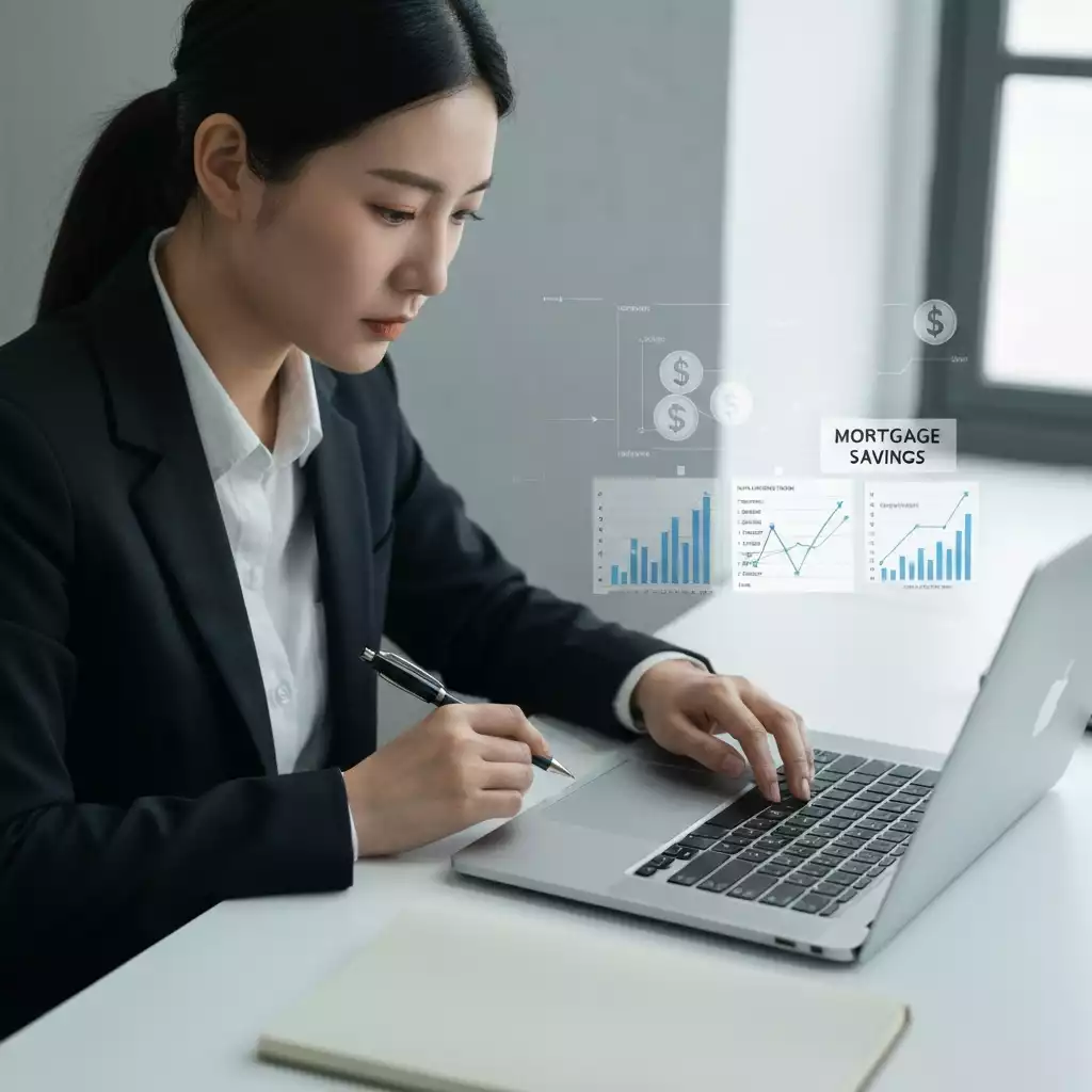 Person calculating mortgage savings on a laptop, showing graphs and money symbols