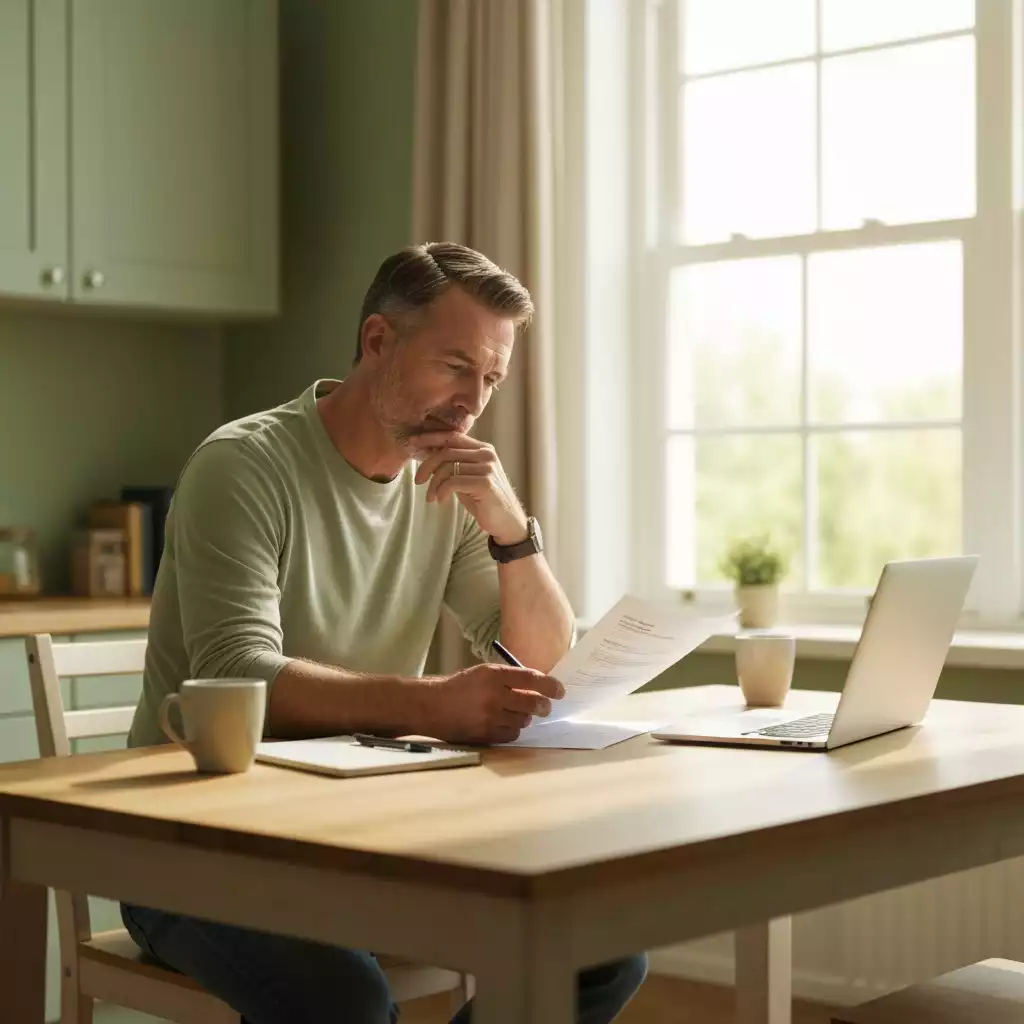 A homeowner sitting at a kitchen table, reviewing mortgage documents and a laptop, appearing thoughtful about financial planning