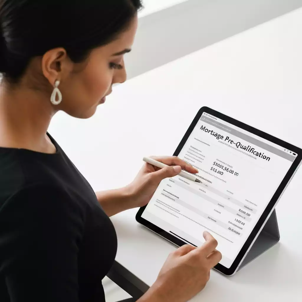 Person reviewing mortgage pre-qualification documents on a modern tablet, showing financial details and an estimated borrowing capacity, no text, no words, no typography, clean image