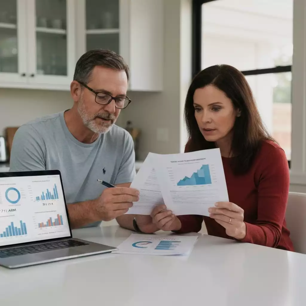 Couple reviewing mortgage documents at home, discussing 5/1 vs 7/1 ARM
