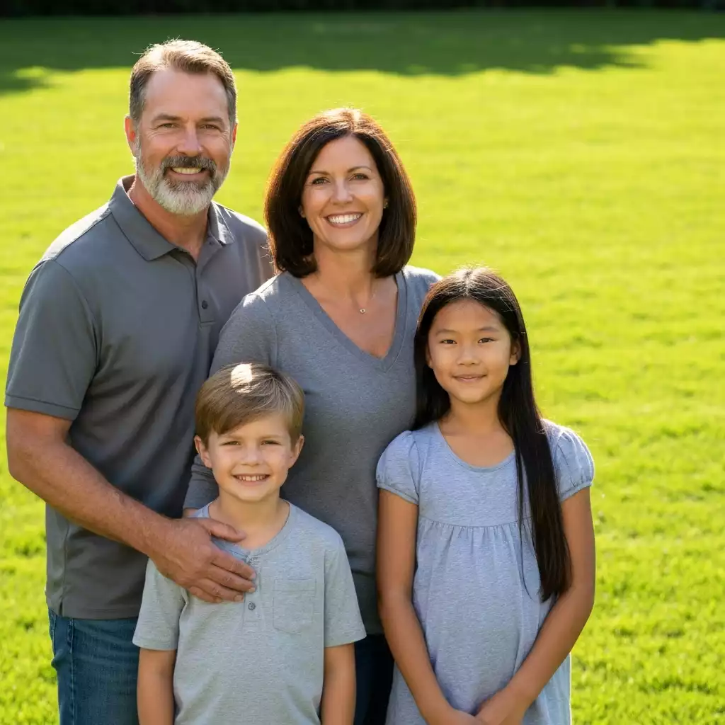 Family standing outside their rural home with a 'sold' sign