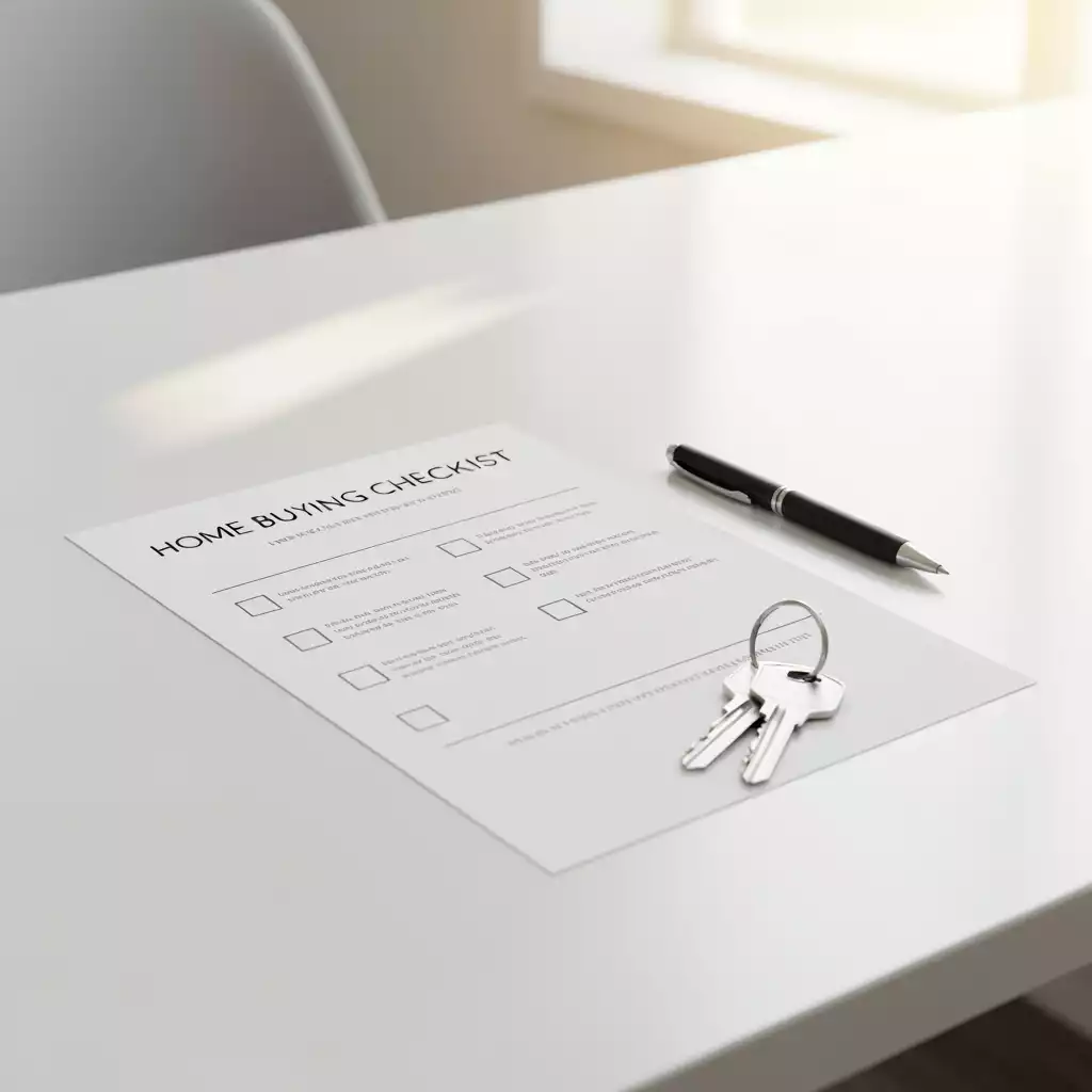 Home buying checklist with a pen and keys on a clean desk