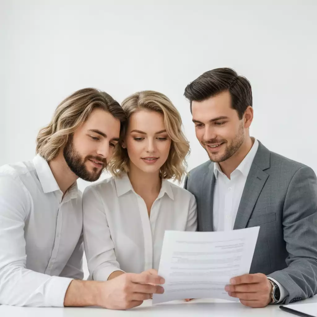 Couple reviewing mortgage prequalification documents with a financial advisor in a modern office, no text, no words, no typography, 8K