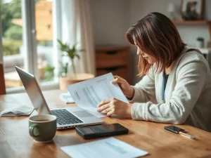 Woman reviewing documents at a wooden table with a laptop, smartphone, papers, and a cup of coffee, in a bright room.