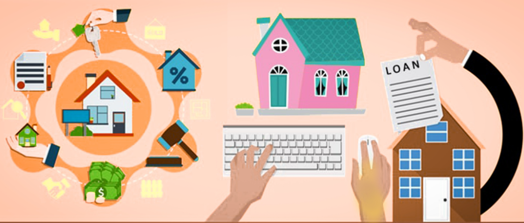 Illustration of home buying process: person using keyboard with house images, loan document, and financial symbols.