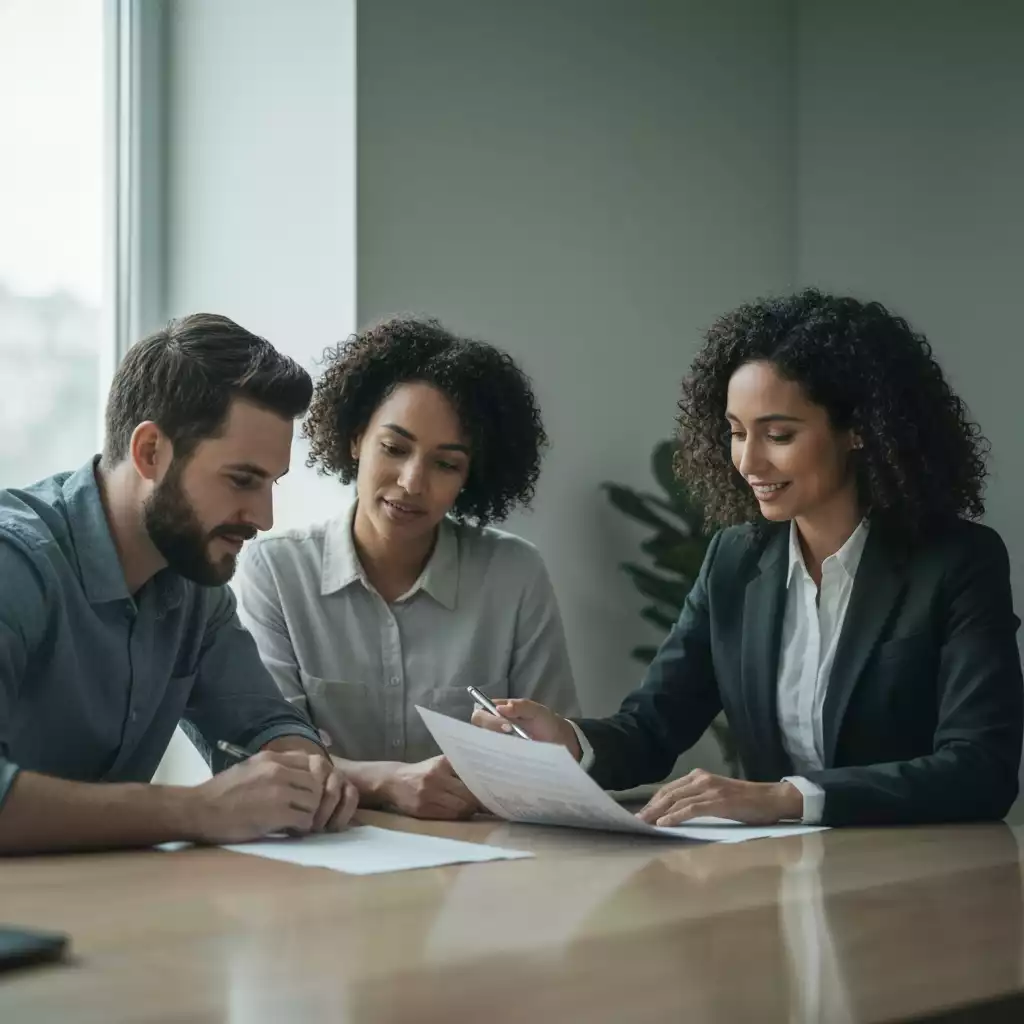 Young couple reviewing mortgage documents at a table with a financial advisor