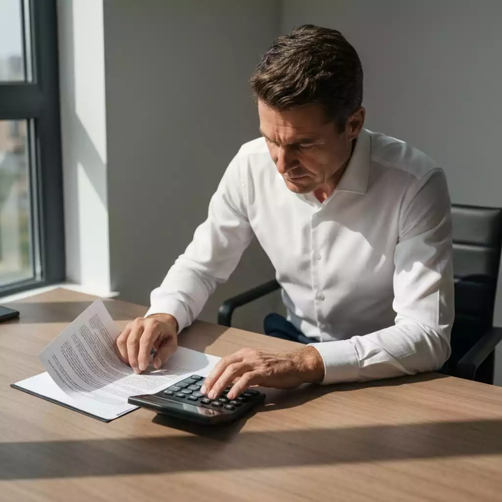 Person reviewing mortgage documents and calculator on a desk