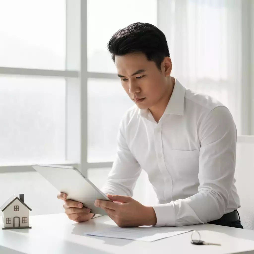 Person reviewing mortgage documents on a tablet with a house key nearby