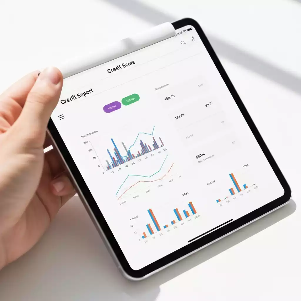 Detailed credit score report displayed on a tablet, with graphs and numeric scores, in a professional and clean setting, no text, no words, no typography, 8K