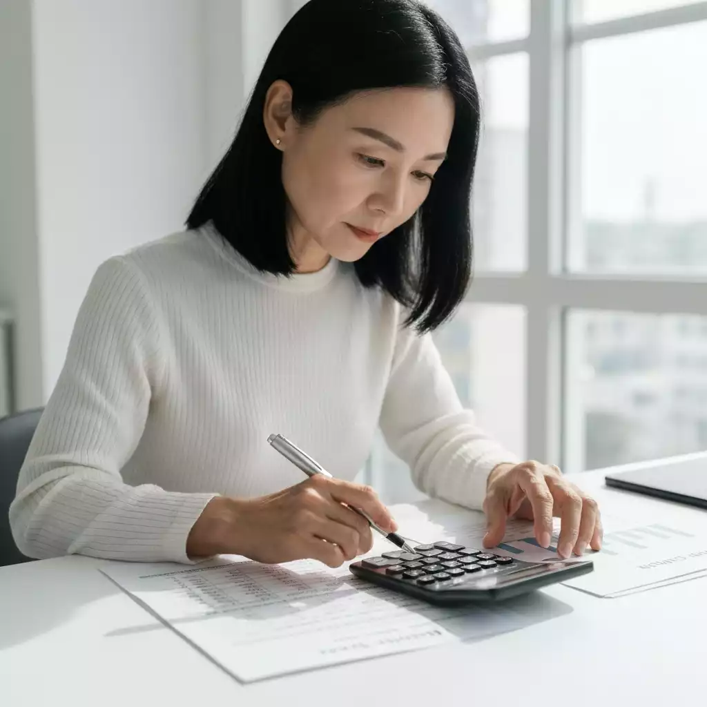Person analyzing mortgage documents with a calculator and pen, illustrating cost-benefit analysis