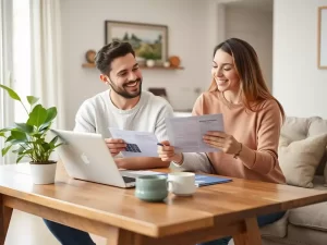 Couple happily reviewing documents at home, sitting at a wooden table with a laptop and plants.
