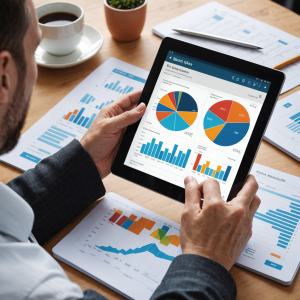Person analyzing colorful charts on tablet, surrounded by printed graphs, with a coffee cup nearby on wooden desk.