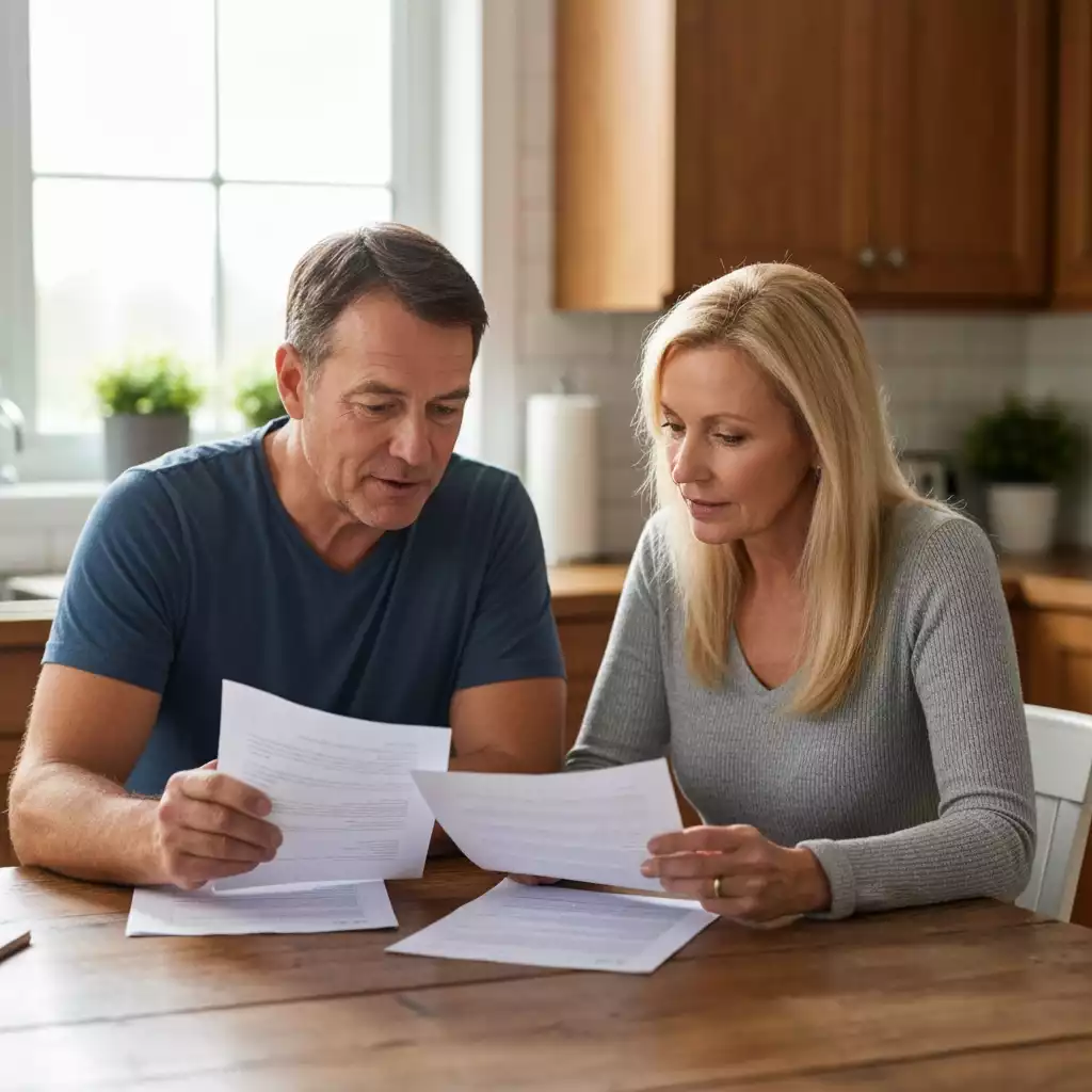 Two people reviewing mortgage documents and discussing financial plans at a kitchen table, warm and inviting atmosphere