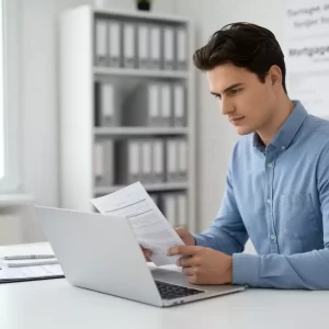 Man in blue shirt focused on reading a document at his desk with a laptop in a bright office.