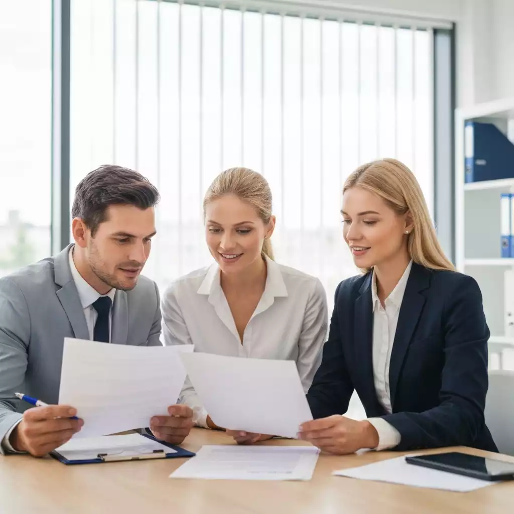 Professional couple reviewing real estate documents with a financial advisor, bright office setting, no text, no words, no typography, 8K, natural lighting