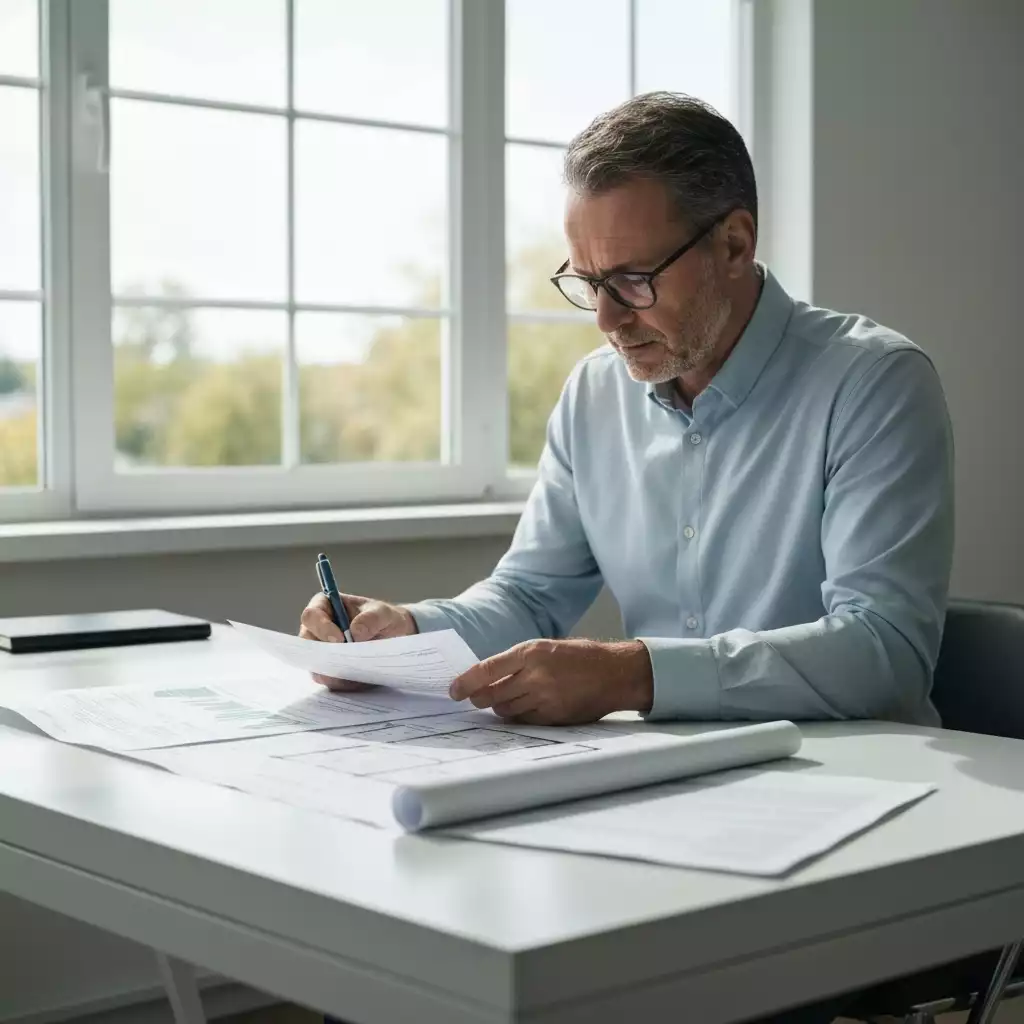 Person reviewing financial documents and a house blueprint on a desk, illustrating second home budget evaluation