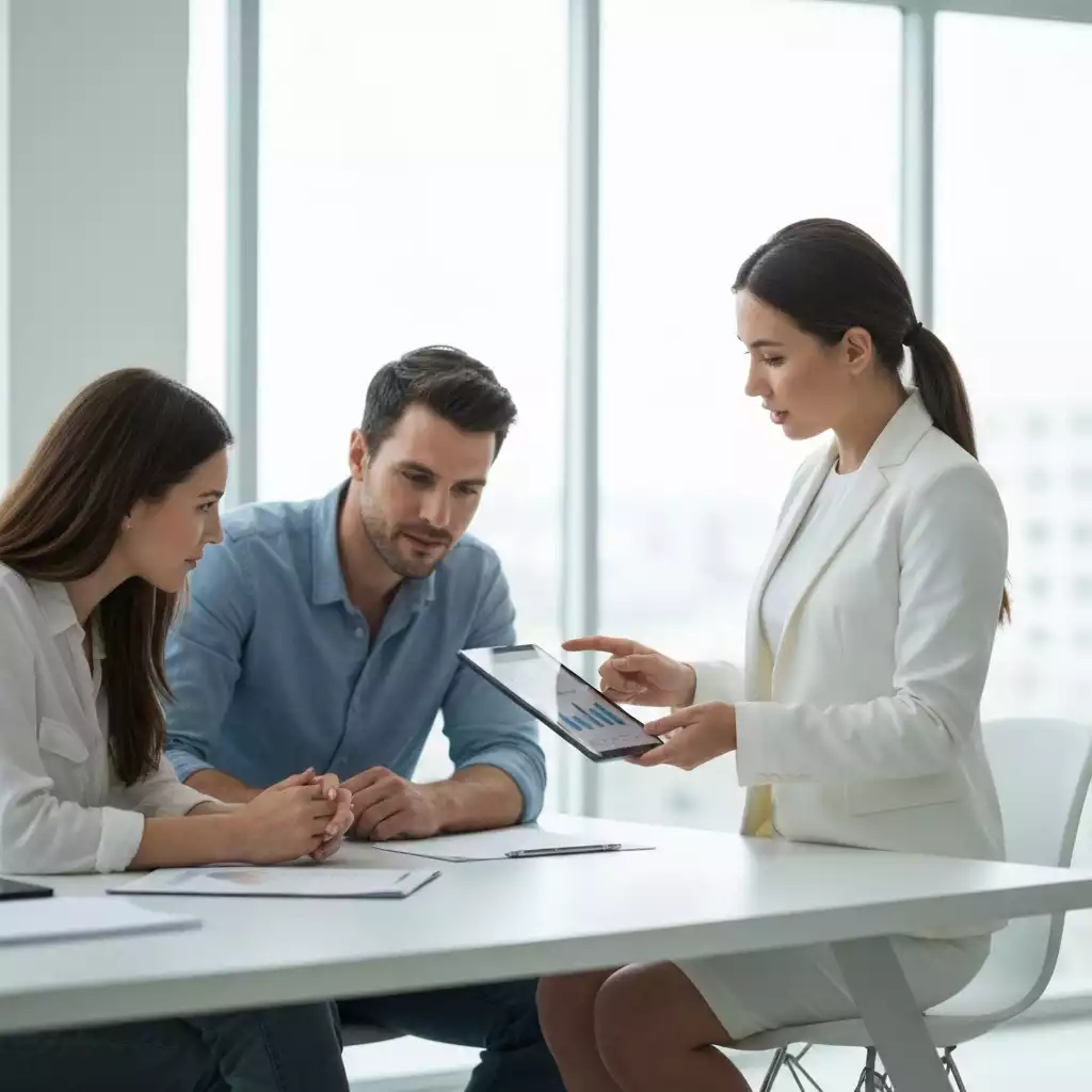 Professional financial advisor explaining mortgage trends to a couple, using a tablet to show data