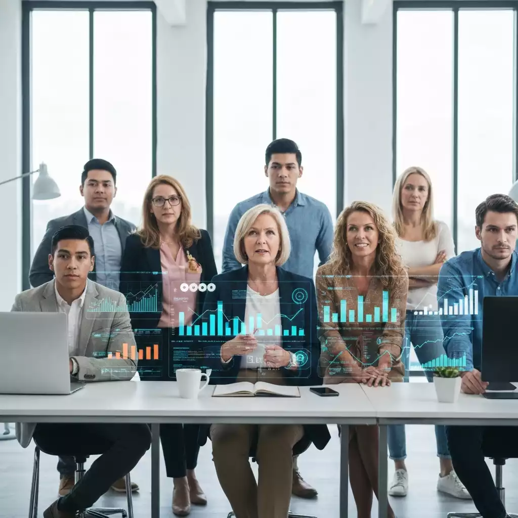 A diverse group of people looking at a digital projection of housing market trends