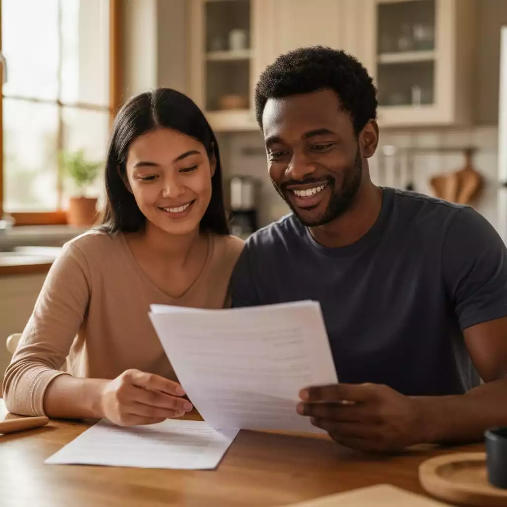 Couple reviewing mortgage documents at home, looking happy and confident