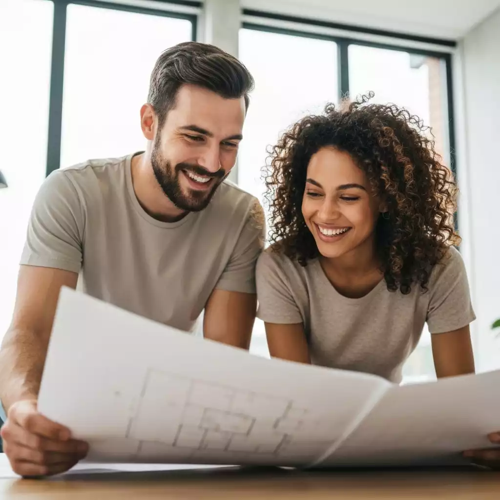 Couple happily looking at house plans, discussing future home, in a modern setting