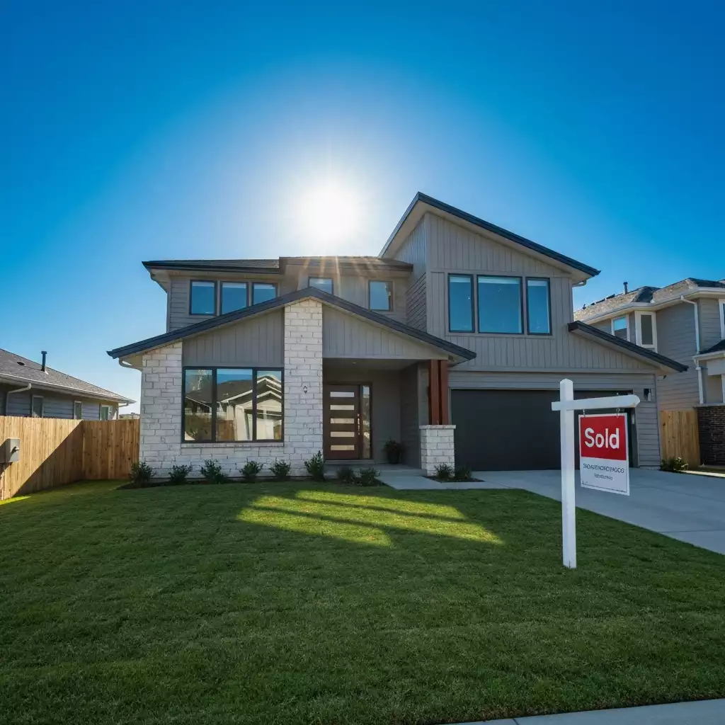 Modern house with a 'Sold' sign in front, clear blue sky, focus on homeownership success