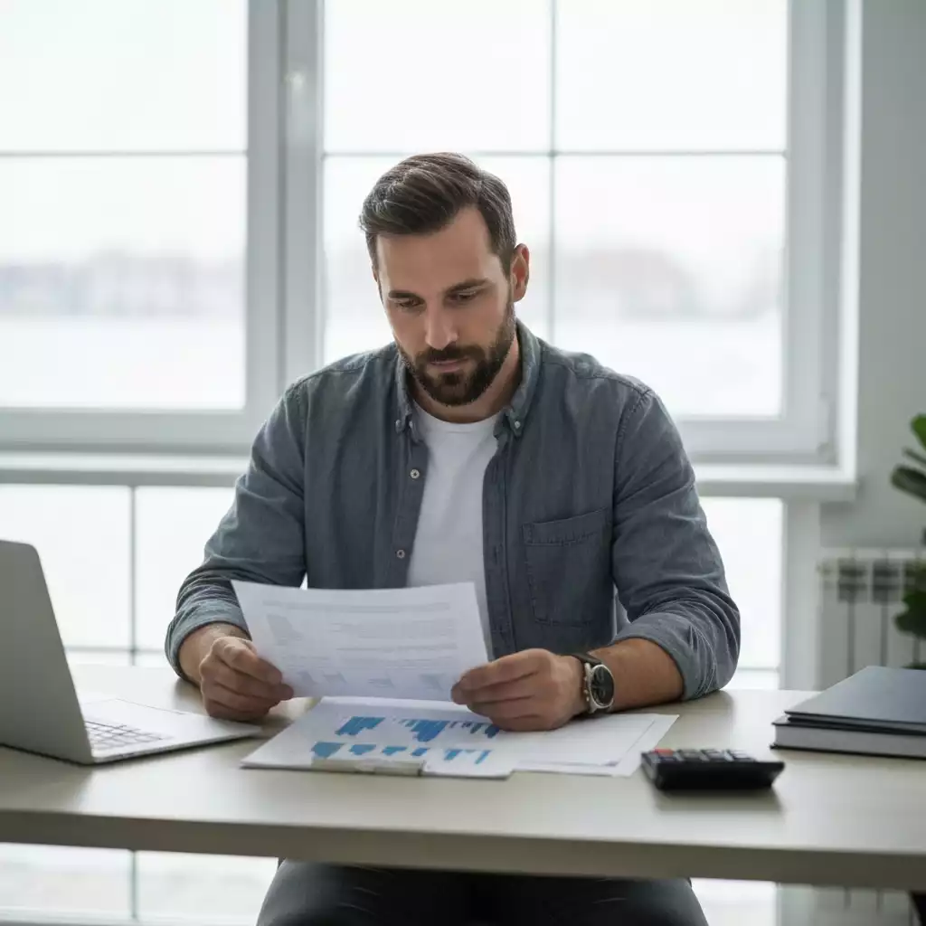 Homeowner reviewing financial documents at a desk