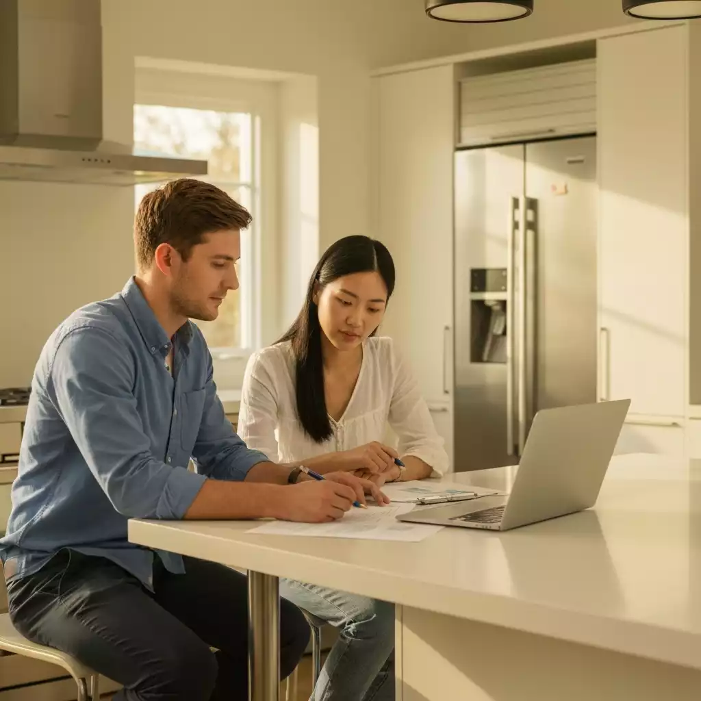 Young couple sitting at a modern kitchen island, reviewing financial documents and a laptop, engaged in discussion, natural light, home environment, no text, no words, no typography, 8K