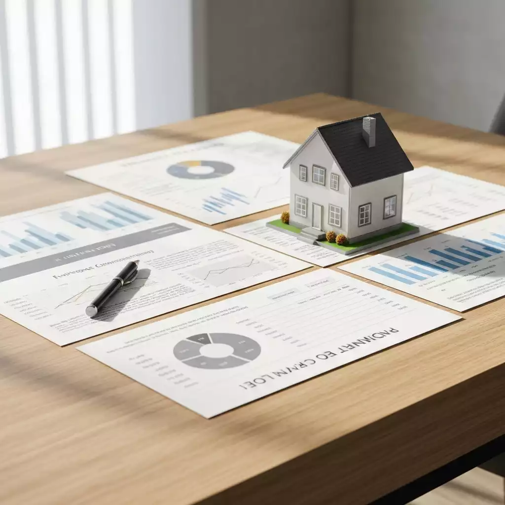 Financial planning documents and a house miniature on a desk, representing mortgage considerations