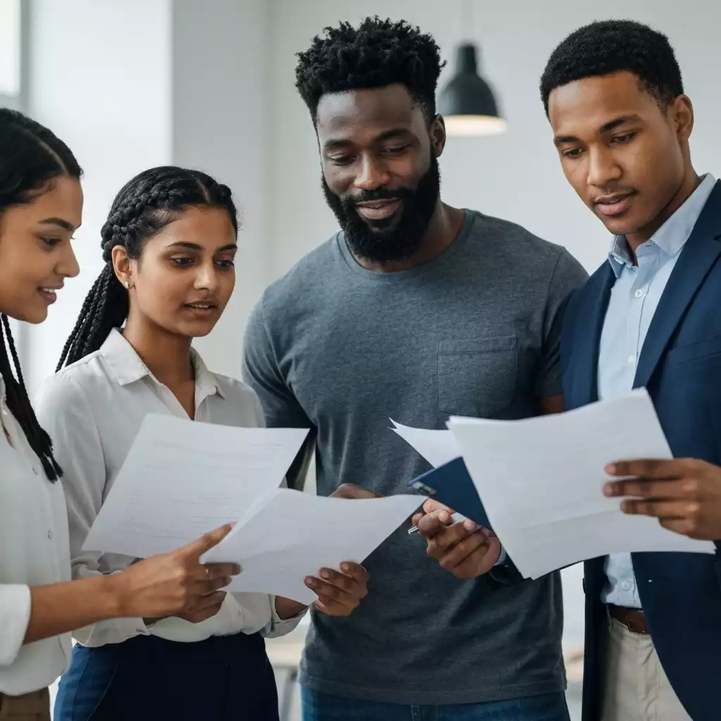 Diverse group of people reviewing financial documents, representing choice between local banks and online lenders, no text, no words, no typography, 8K, clean image
