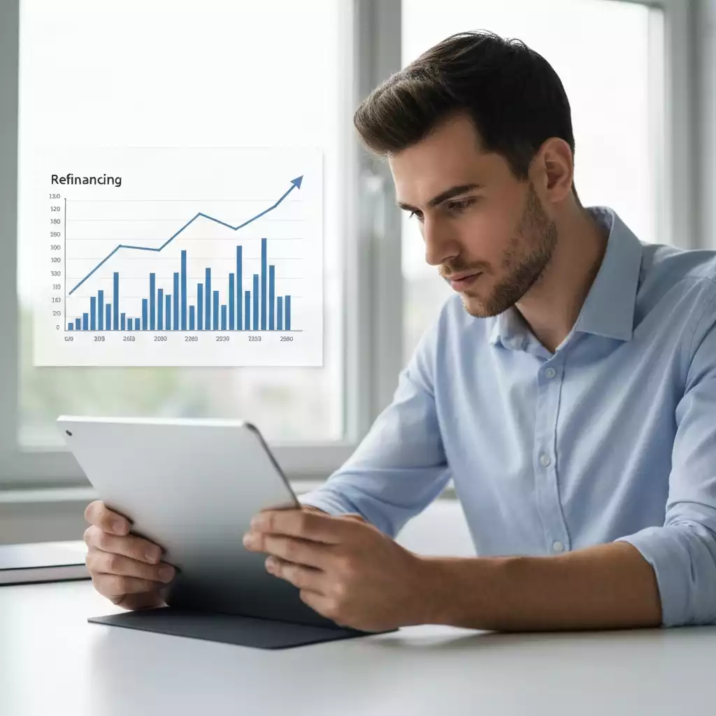 Person reviewing refinancing documents on a tablet, with graphs showing financial improvement in the background, no text, no words, no typography, 8K