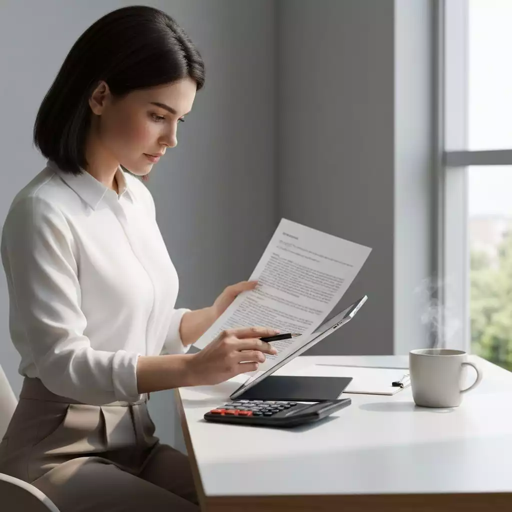 Person reviewing mortgage documents on a tablet, with a calculator and coffee on a clean, modern desk. Soft, natural lighting.