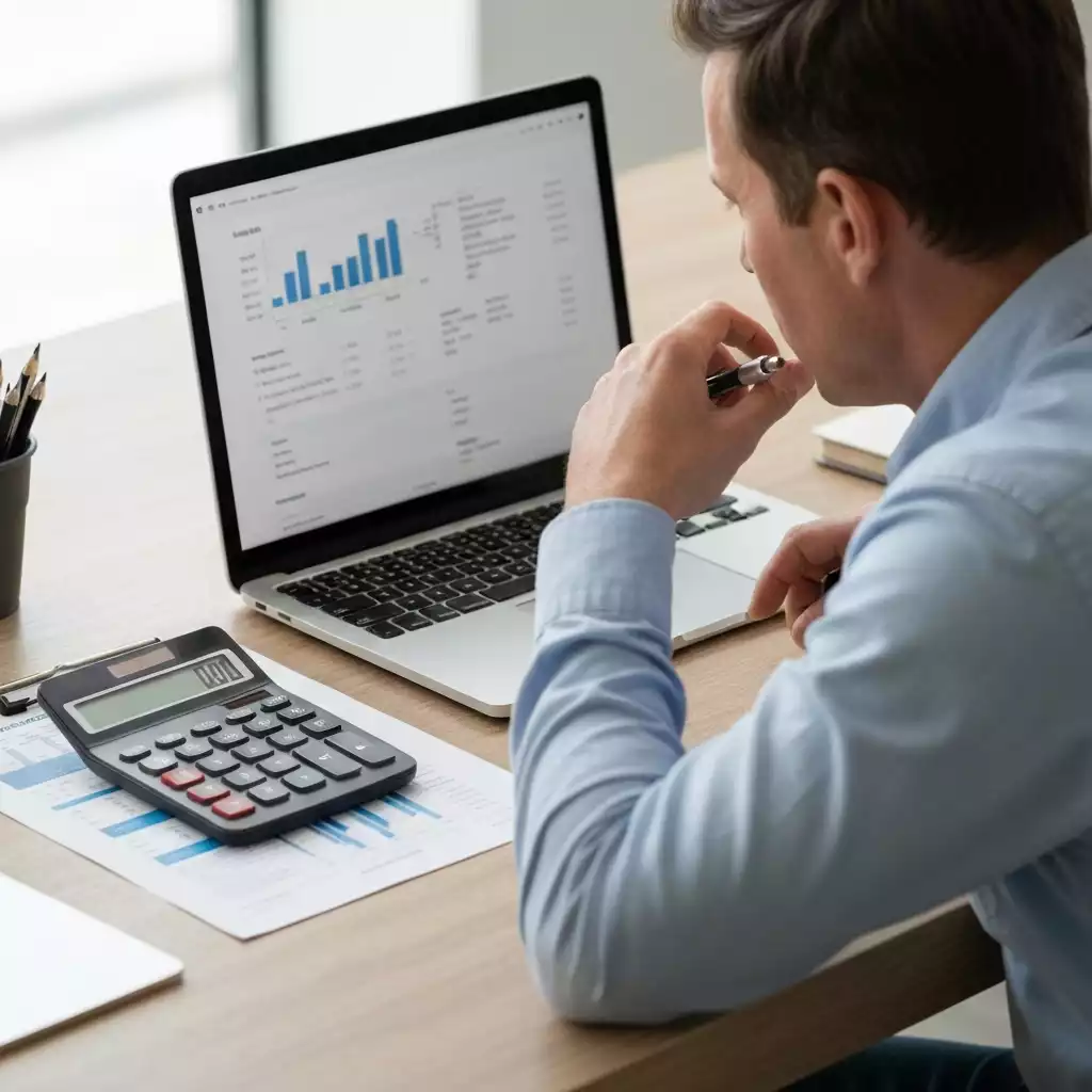 Close-up of a person analyzing home equity calculations on a laptop