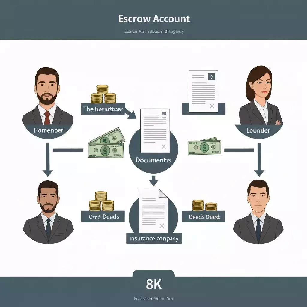 Detailed illustration of an escrow account flow with money and documents