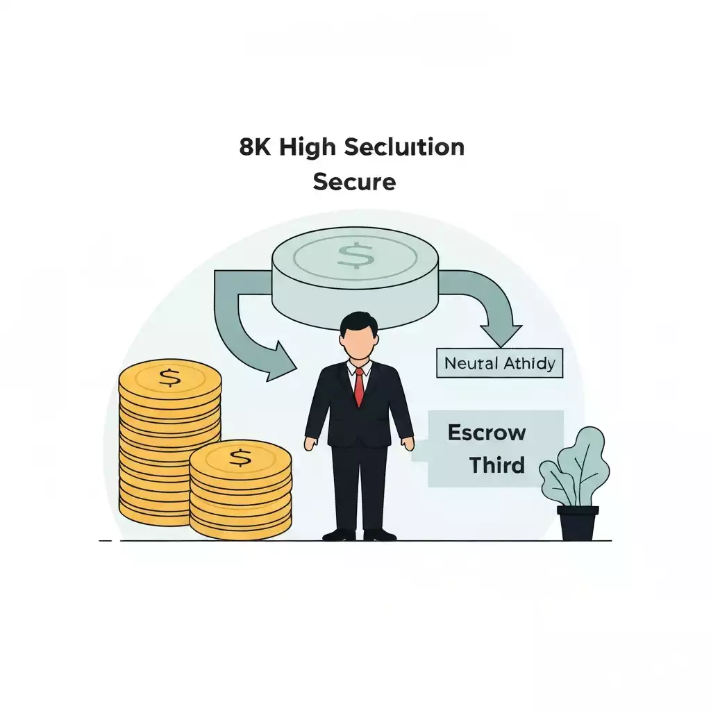 Modern graphic illustrating funds being held securely by a third party for a real estate transaction