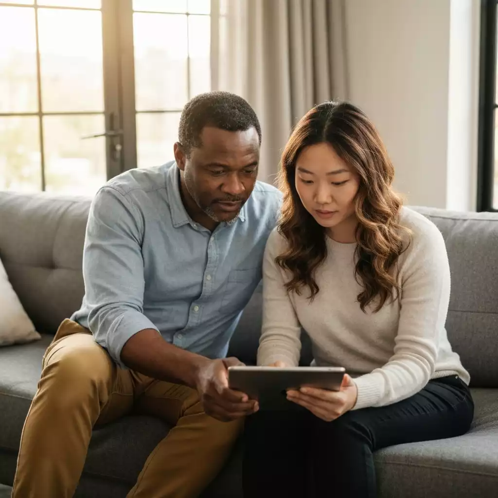 Couple discussing mortgage refinancing options at home