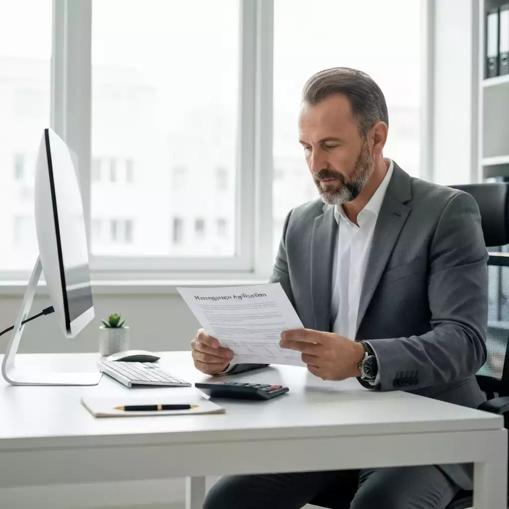 Person reviewing mortgage application documents at a desk