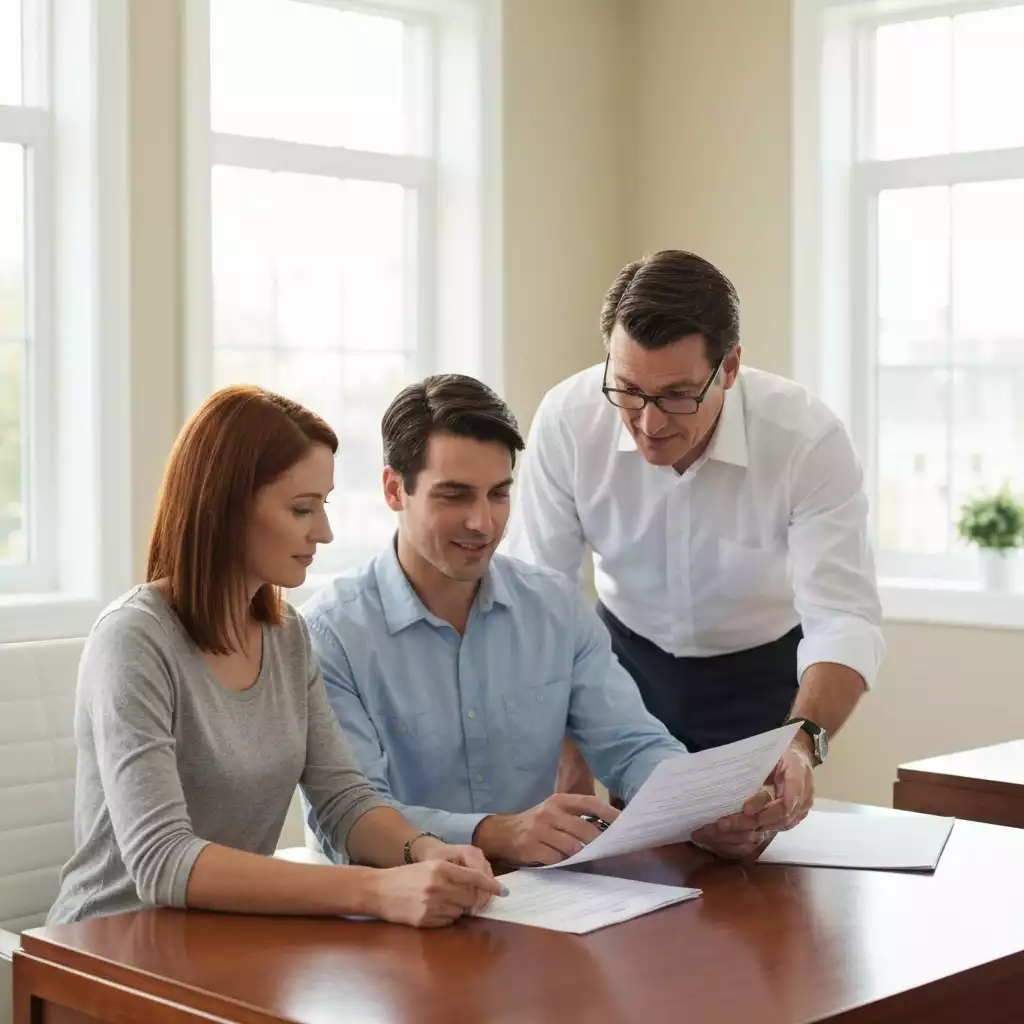 Couple reviewing mortgage documents with a financial advisor, emphasizing clarity and understanding