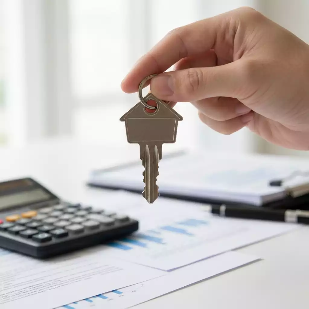 Close-up of a hand holding a house key with a blurred background of financial documents and a calculator, symbolizing secure homeownership