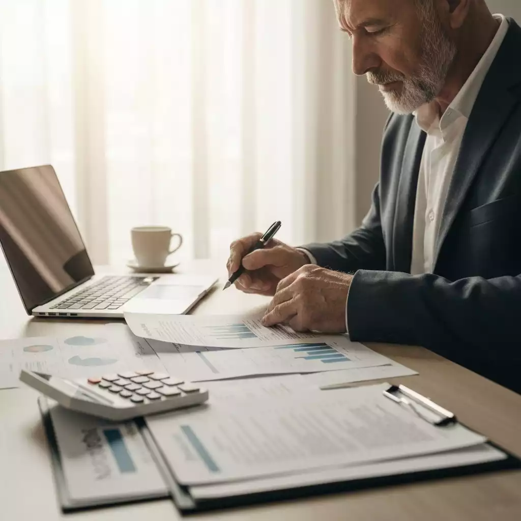 Person analyzing financial documents on a desk with a laptop