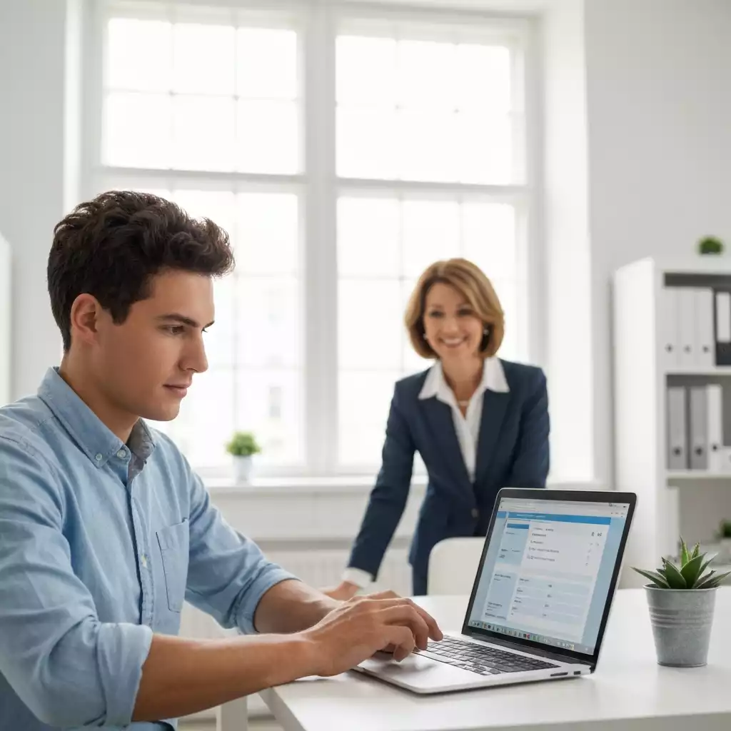 Person using a laptop to research credit improvement strategies, with a financial planner in the background, no text, no words, no typography, 8K