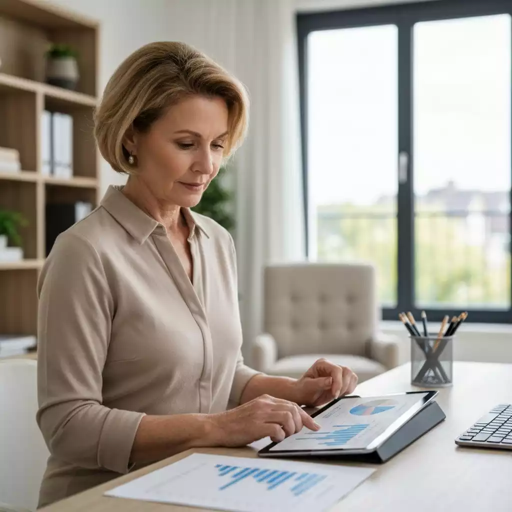 Person reviewing home finance documents and graphs on a tablet