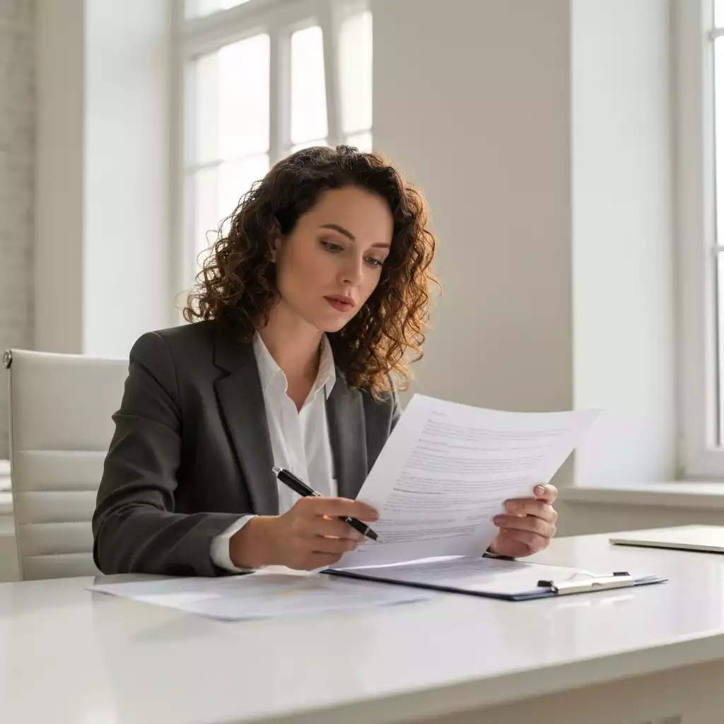 Professional woman reviewing mortgage documents at a desk, symbolizing stable employment and financial planning.