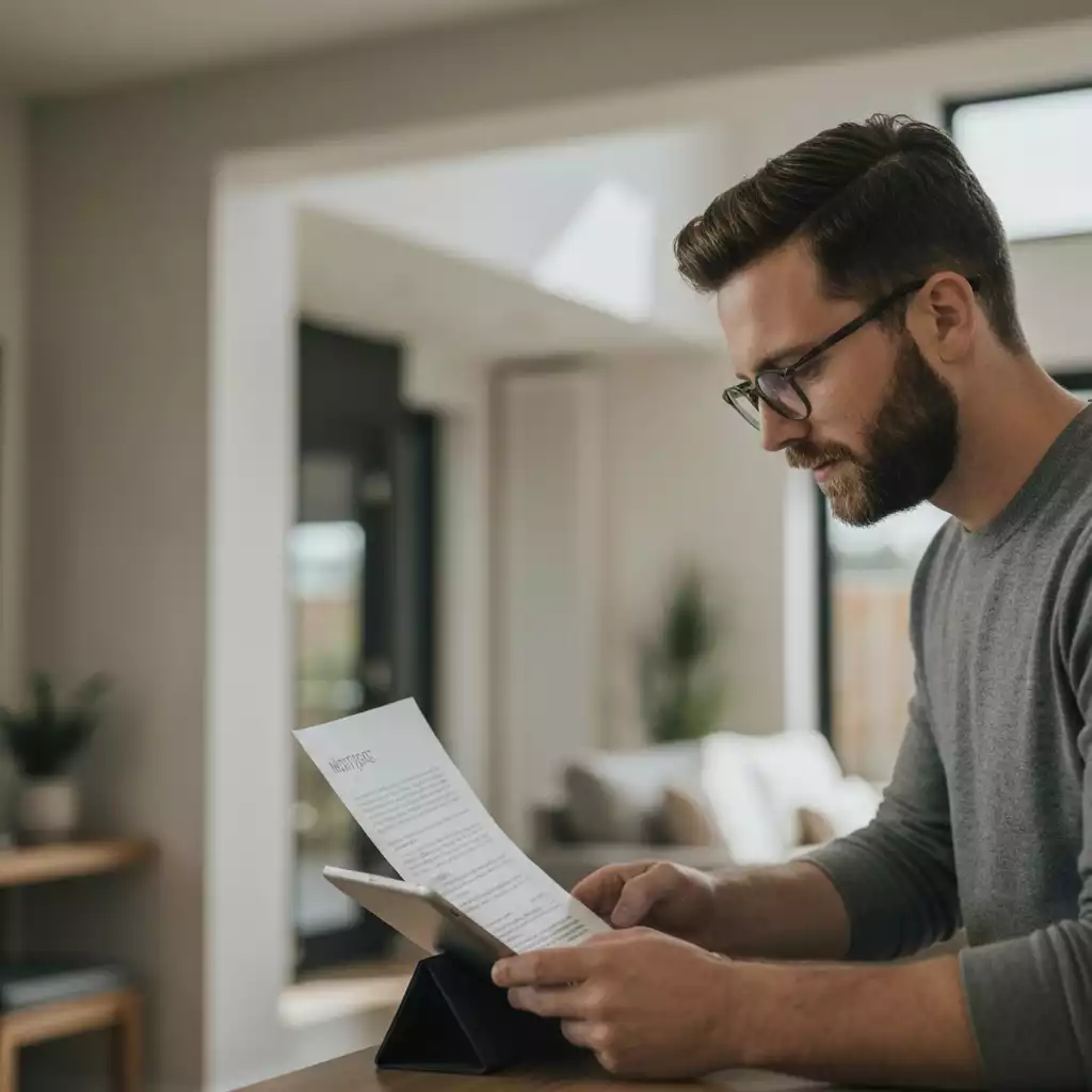 Person reviewing mortgage documents on a tablet, illustrating the transfer process