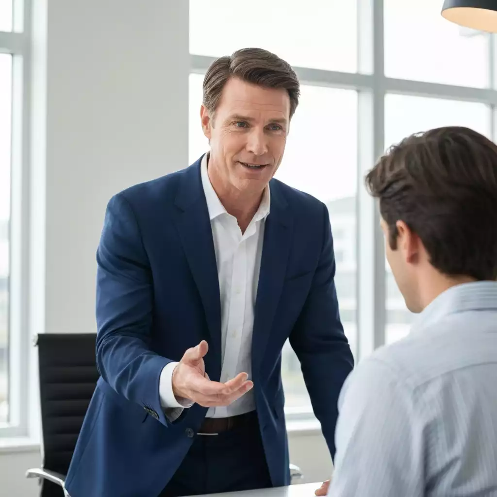 Modern professional explaining flexible loan options to a client in a bright office, no text, no words, no typography, 8K, clean image