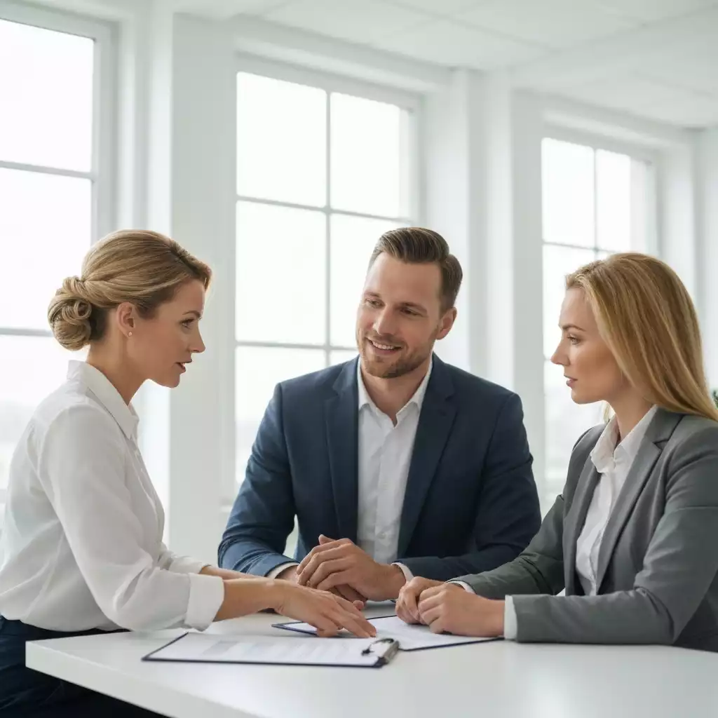 Mortgage advisor consulting with a couple, reviewing documents and discussing options.
