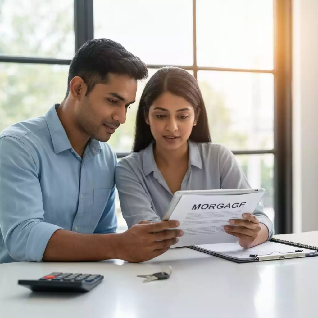 Couple reviewing mortgage documents on a tablet, with a calculator and house keys on a modern table