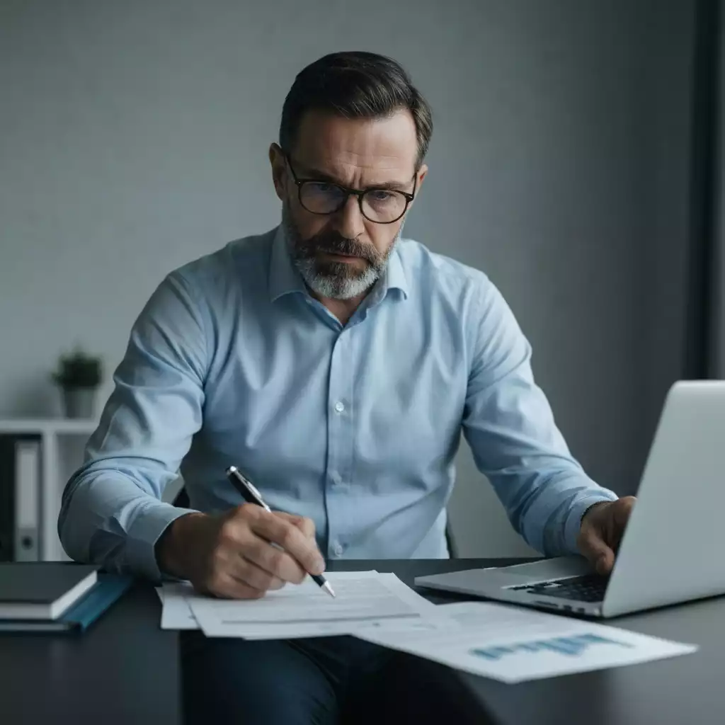 Person sitting at a table with a laptop and documents, looking determined to create a financial recovery plan, with a clear and organized workspace, no text, no words, no typography, no labels, clean image